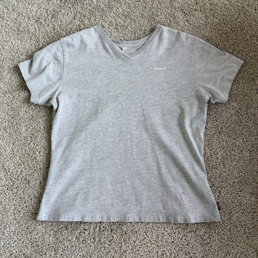 Y2K Reebok Shirt Womens XL Grey V Neck Logo T Shirt Summer Casual Basic Athletic